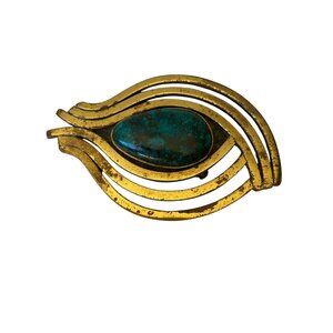 Vtg Morita Gil MCM Gold Tone Brooch Pin Turquoise Eye Horus Cabochon Chile 3.5"
